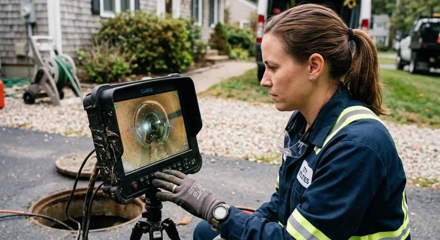 Technician reviewing sewer camera inspection footage in Cutler Bay