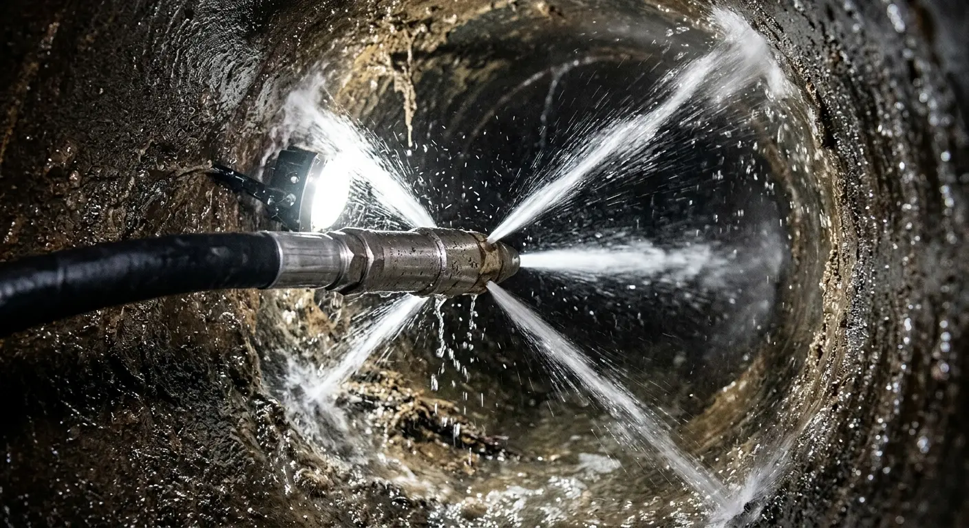 High-pressure hydro jetting nozzle cleaning sewer pipe for Trenchless Sewer Repair in Cutler Bay