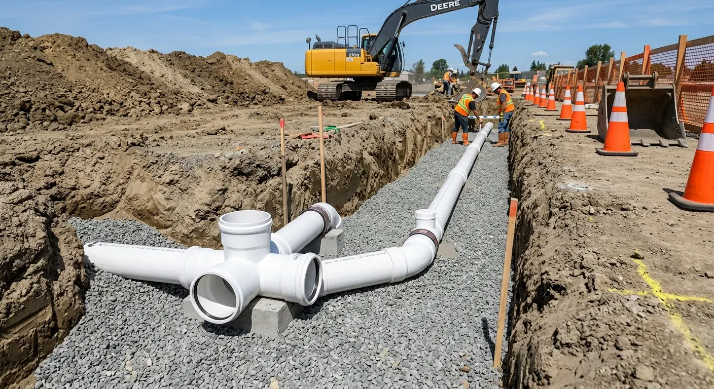 New PVC sewer pipe installation in open trench for Commercial Drain Cleaning in Cutler Bay