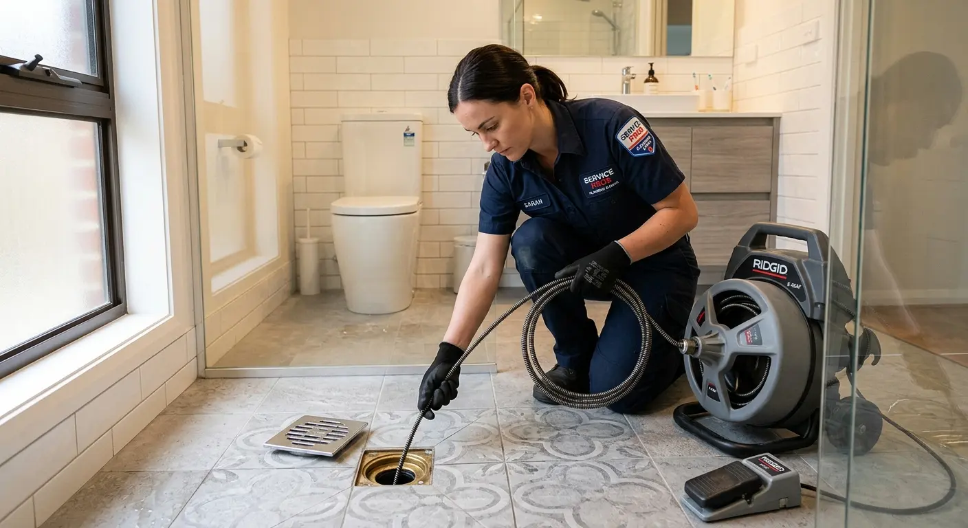 Technician clearing a bathroom floor drain for Sewer Line Replacement in Cutler Bay